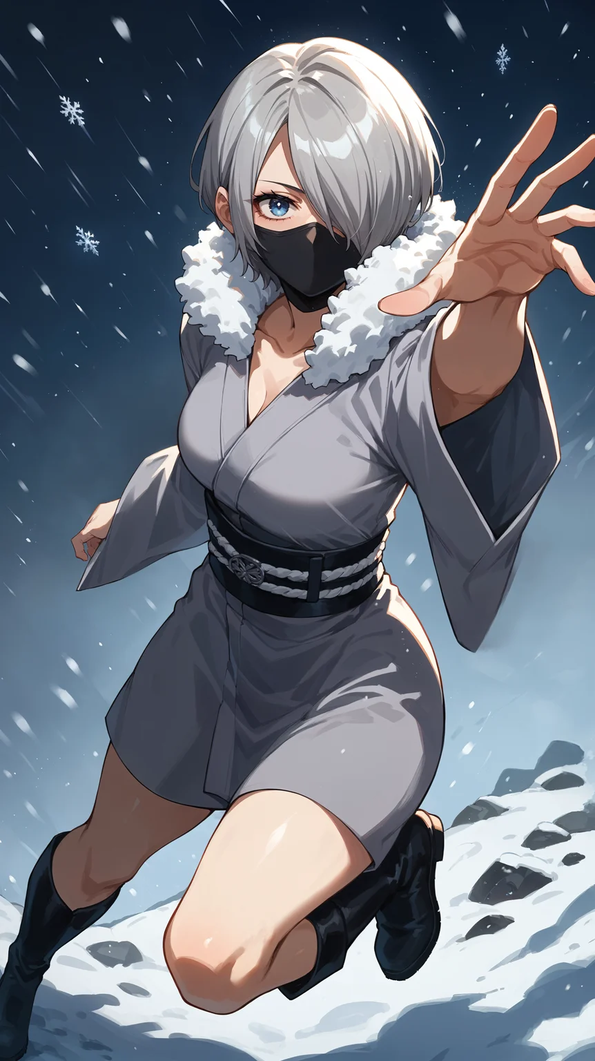 score_9,score_8_up,score_7_up,score_6_up, <lora:xl_more_art-full_v1:0.5>, source_anime, girl, dynamic pose, outstretched arm, <lora:Reiko Yanagi (Emily) - Pony:0.8>, short hair, grey hair, hair covering one eye, blue eyes, black face mask, mouth mask, grey robe, wide sleeves, short robe, white fur trim, black belt, white belt, striped belt, black boots, high boots, snowstorm, snowscape, winter,