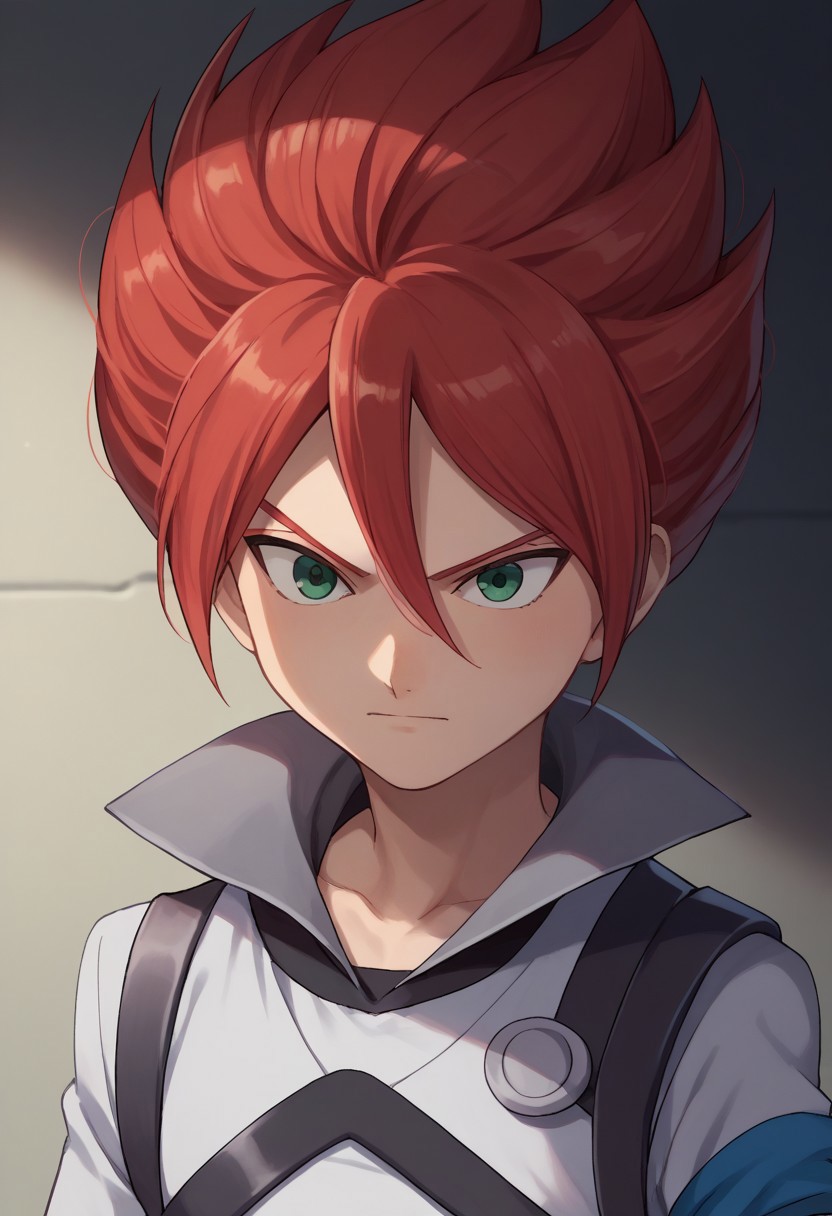 score_9, score_8_up, score_7_up, source_anime, highly detailed, 
hiroto, 1boy, male focus, solo, red hair, green eyes, alternate hairstyle, hair between eyes, spiked hair, popped collar, bodysuit, grey bodysuit,  gloves, white gloves, blue armband, upper body
outdoor,