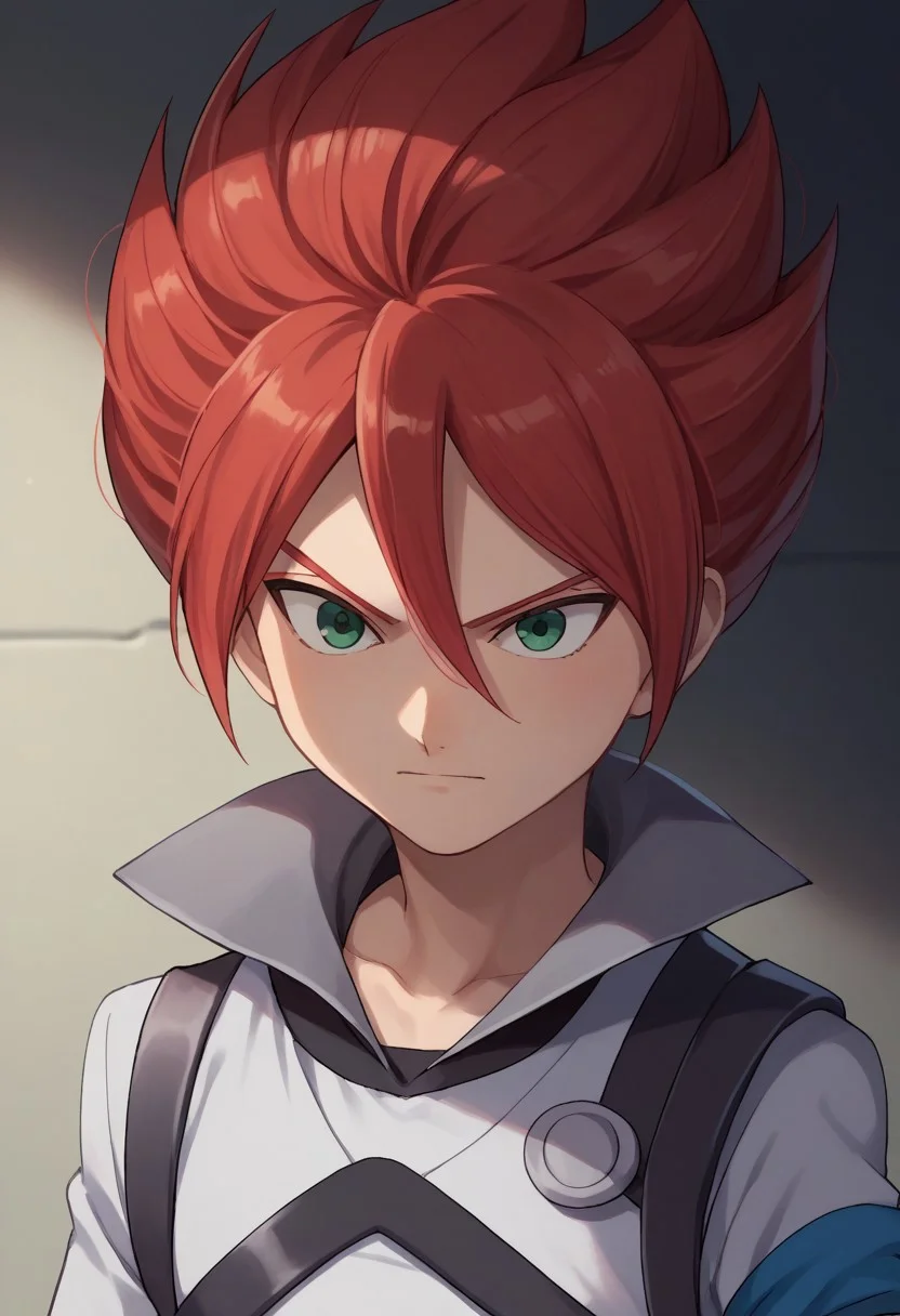 score_9, score_8_up, score_7_up, source_anime, highly detailed,
hiroto, 1boy, male focus, solo, red hair, green eyes, alternate hairstyle, hair between eyes, spiked hair, popped collar, bodysuit, grey bodysuit, gloves, white gloves, blue armband, upper body
outdoor,