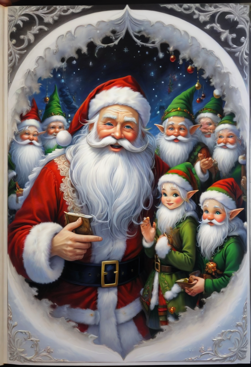 santafestivemood, Santa with elves, portrait, storybook illustration, anime, highly detailed beautiful details, intricate and ornate, masterpiece, best quality, clean sharp outlines, extremely high contrast, SFW