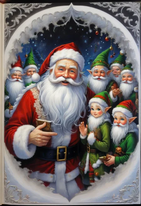 santafestivemood, Santa with elves, portrait, storybook illustration, anime, highly detailed beautiful details, intricate and ornate, masterpiece, best quality, clean sharp outlines, extremely high contrast, SFW