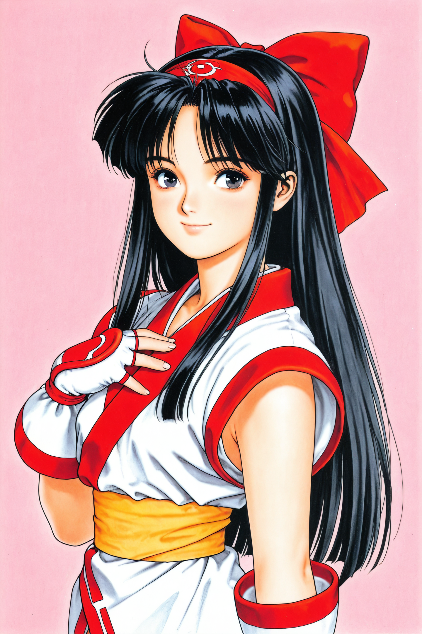 NakoRuru,1girl,solo,1990s \(style\),long hair,red bow,bow,black hair,hair bow,fingerless gloves,hairband,gloves,black eyes,ainu clothes,smile,simple background,looking at viewer,hand on own chest,traditional media,retro artstyle,
<lora:shinkiro_illustriousXL:1>,