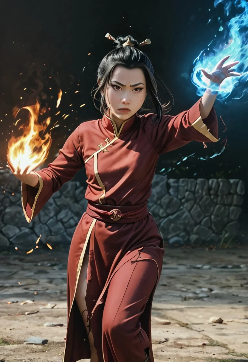 Expressive, score_6_up, score_7_up, score_8_up, score_9. Masterpiece, best quality, highly detailed, harmonious anatomy, (natural beauty:1.1), consistent details. fighting, azula, japanese, <lora:azula-book2-ponyxl-lora-nochekaiser:1>, azula, black hair, brown eyes, topknot, sidelocks, hair bun, single hair bun, flowing hair, action shot, wind in hair, (afraid look), [surprised look], skintight clothes, chinese clothes, capelet, sash, long sleeves, elbow gloves, pronounced female figure, areola slip, exposed skin, flashing thighs, (torn clothes:1.2), [scar, blood, defeated, wounded], in feudal japanese background, blue fire power aura, blue flames, dynamic pose, dynamic view, perfect hands, [blue fire around closed fists], martial art position,