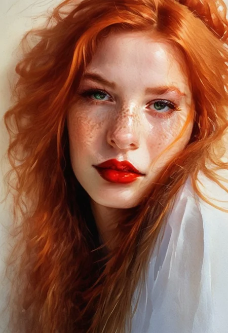 score_9, score_8_up, score_7_up, (best quality:1.1), detailed skin, beautiful, 1 girl, Sandy, very long ginger hair in tight bun, perfect nose, 18 years old, perfecteyes, green eyes, round glasses, red lipstick, freckles, makeup, eye shadow, thick eyelashes, eyeliner, kawaii face, cute, tiny breasts, close up portrait, focus on face, pale skin, lips slightly parted, blush,