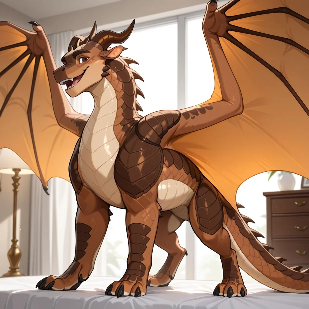 1boy, highres, absurdres, newest, masterpiece, best quality, furry, furry_male, Mudwing_wof, brown scales, squarish face, darker colored snout, tan underbelly, dragon, horns, claws, wings, tail, Clay_wof, brown eyes, brown horns, (quadruped, feral:1.3), detailed eyes, (standing, spread wings), open_mouth, open mouth smile, luxurious detailed room, bright room, day scene, professional lighting, solo, bedroom, smiling, seductive, looking_at_viewer, masterpiece, close up, safe