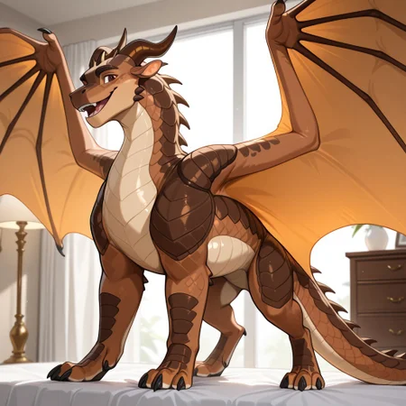 1boy, highres, absurdres, newest, masterpiece, best quality, furry, furry_male, Mudwing_wof, brown scales, squarish face, darker colored snout, tan underbelly, dragon, horns, claws, wings, tail, Clay_wof, brown eyes, brown horns, (quadruped, feral:1.3), detailed eyes, (standing, spread wings), open_mouth, open mouth smile, luxurious detailed room, bright room, day scene, professional lighting, solo, bedroom, smiling, seductive, looking_at_viewer, masterpiece, close up, safe