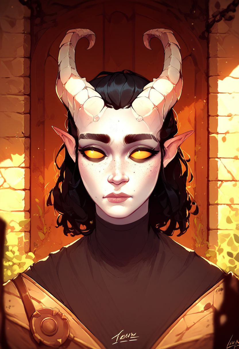 score_9, score_8_up, 8, score_7_up, score_6_up, ((masterpiece)), solo, portrait,
Tiefling, pointed ears, horns, colored sclera, 1Girl, black hair, white skin, freckles, thick eyebrows, shirt, tail
Fantasy ruins of the scenery