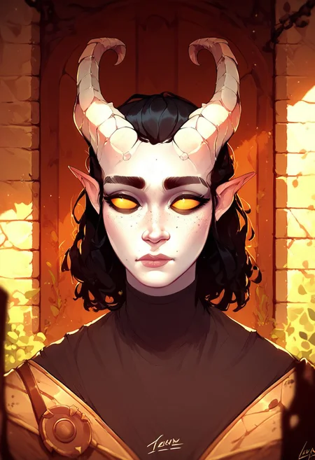score_9, score_8_up, 8, score_7_up, score_6_up, ((masterpiece)), solo, portrait,
Tiefling, pointed ears, horns, colored sclera, 1Girl, black hair, white skin, freckles, thick eyebrows, shirt, tail
Fantasy ruins of the scenery