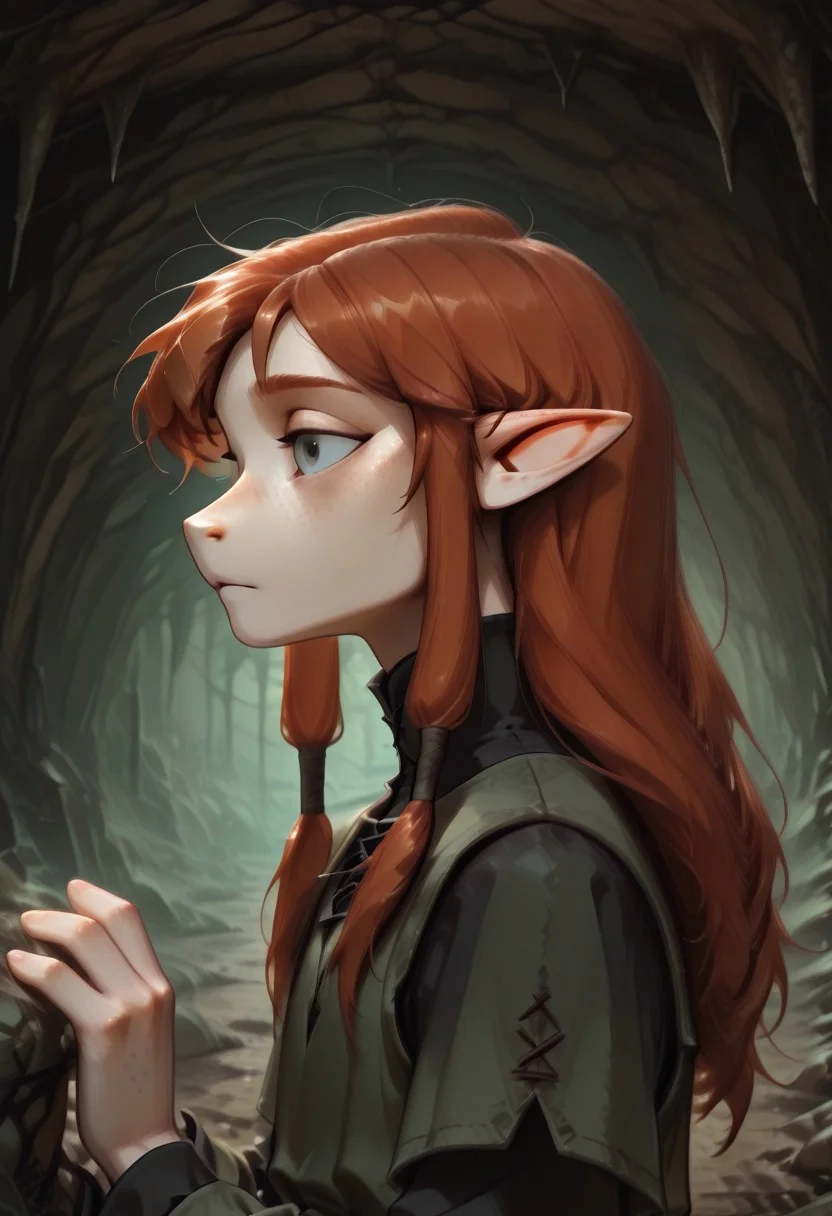 1person, Lapanya, Malgha, freckles, pointy ears, Long-sleeve black shirt, green tunic,
Close up, side view,
Underground, organic cavern,