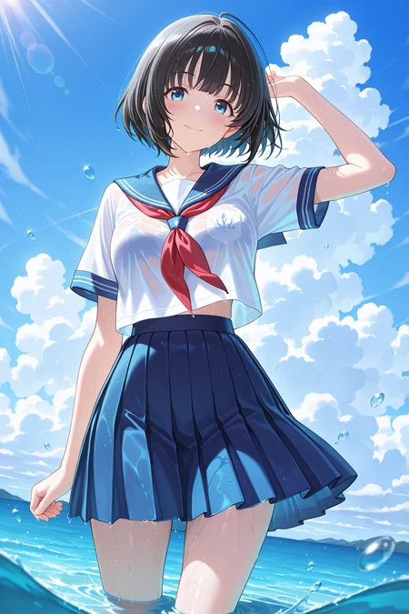 1girl, 1girl,
solo, blue eyes, skirt, school uniform, blue skirt, sky, sailor collar, neckerchief, cloud, short sleeves, serafuku, blue sailor collar, shirt, blue sky, white shirt, pleated skirt, looking at viewer, short hair, closed mouth, bangs, black hair, water, outdoors, arm up, red neckerchief, bubble, day upper body, illustrious style \(idolmaster\), wading, sunlight, cloudy sky, standing, blush, smile,
A girl named Fumika from Idolmaster Cinderella Girls with short black hair and blue eyes is standing in the water near the shore wearing a white shirt with a red necktie and a blue skirt. She has her arms up and one of her hands is holding onto the other side of her body while she looks at the viewer with a smile on her face. The girl's legs are slightly apart and you can see wet sand under her feet. In the background there is a large wave crashing against the shore and the sky above it filled with clouds.
absurdres, traditional media
<lora:IllustriousTweakerLora_v5-215c4:0.7>