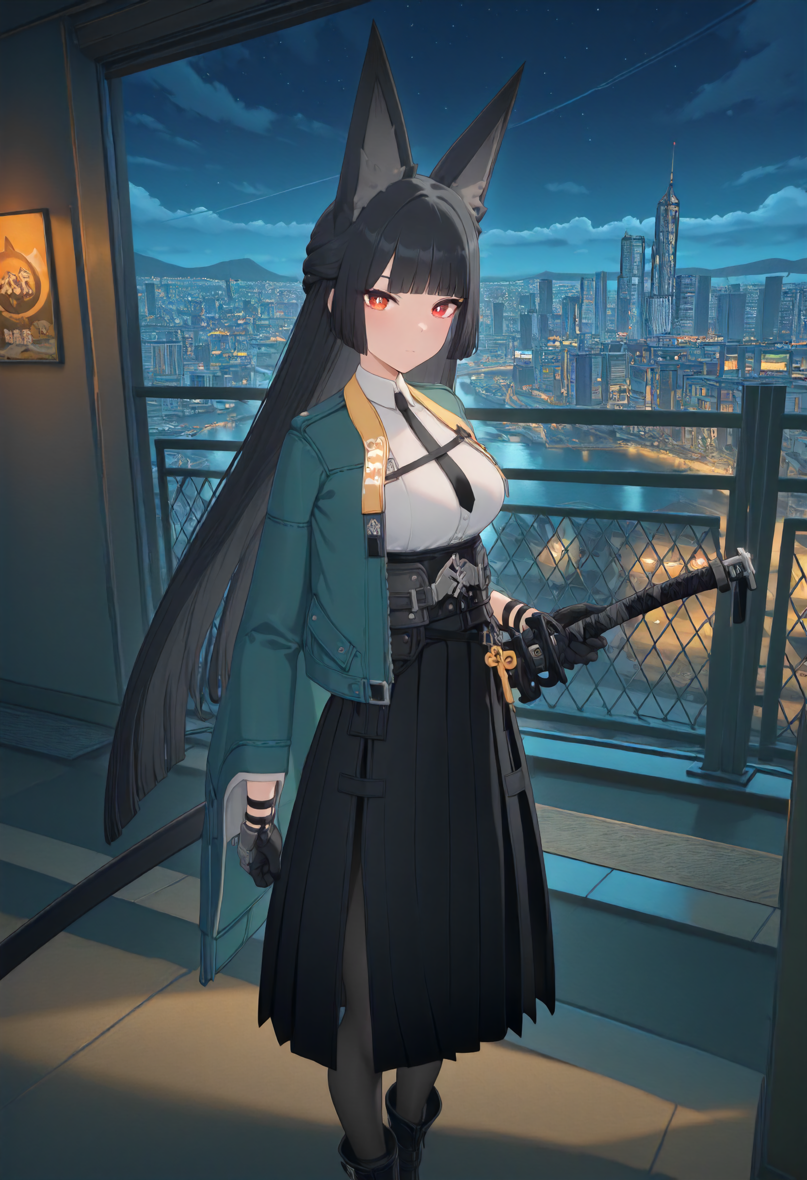 masterpiece, best quality, amazing quality, very aesthetic, absurdres, newest, scenery, volumetric lighting, perfect eyes, ultra detailed,
1girl, Hoshimi Miyabi, solo, black fox ears, black hair, bangs, long hair, red eyes, white pupils, 
green cape jacket, white shirt, black tie, belt, clasp, black gloves, long skirt, black skirt, open side skirt, pantyhose, black boots, side katana,
standing, looking at viewer, holding sword,
city, night sky, beautiful frame, backlighting,
<lora:Hoshimi_Miyabi_-_Zenless_Zone_Zero_ZZZ__Illustrious:1>
masterpiece, best quality, amazing quality, very aesthetic, absurdres, newest, scenery, volumetric lighting, perfect eyes, ultra detailed,