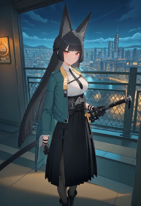 masterpiece, best quality, amazing quality, very aesthetic, absurdres, newest, scenery, volumetric lighting, perfect eyes, ultra detailed,
1girl, Hoshimi Miyabi, solo, black fox ears, black hair, bangs, long hair, red eyes, white pupils, 
green cape jacket, white shirt, black tie, belt, clasp, black gloves, long skirt, black skirt, open side skirt, pantyhose, black boots, side katana,
standing, looking at viewer, holding sword,
city, night sky, beautiful frame, backlighting,
<lora:Hoshimi_Miyabi_-_Zenless_Zone_Zero_ZZZ__Illustrious:1>
masterpiece, best quality, amazing quality, very aesthetic, absurdres, newest, scenery, volumetric lighting, perfect eyes, ultra detailed,