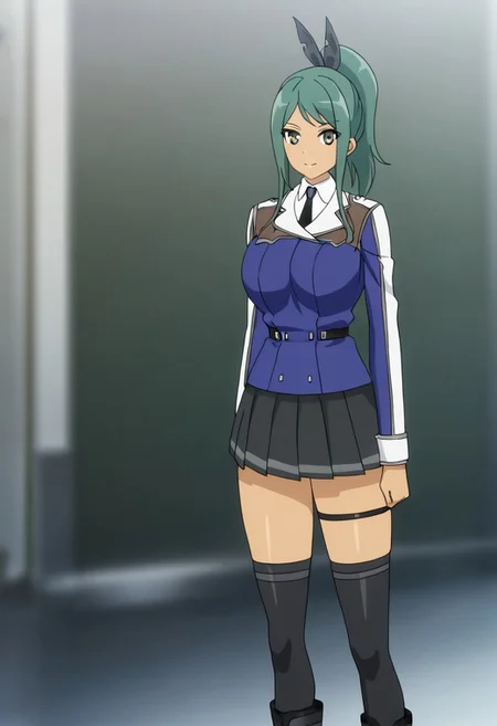 blurred background,
smile,
looking at viewer,
solo,
hundred_-_liddy_steinberg, green_hair, ponytail, green_eyes, dark-skinned_female, sidelocks, large_breasts,
school_uniform, jacket, long_sleeves, black_necktie, skirt, black_thighhighs, boots, thigh_strap,
standing,
masterpiece,best quality,good quality,newest,