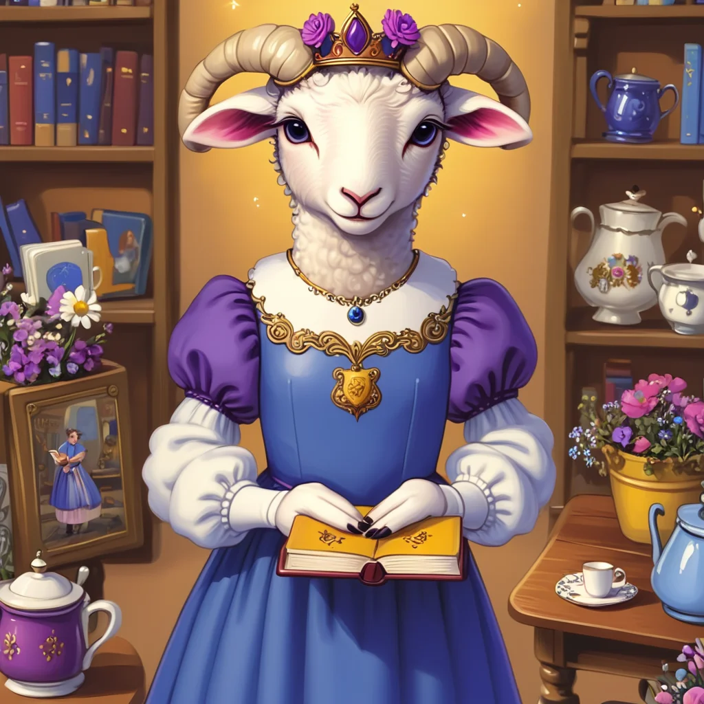 <lora:Wonderland:1>   ArsMJStyle, Wonderland, The image shows a painting of a sheep wearing a blue dress and a crown holding a book in its hands standing in front of a table with a cup saucer papers and other objects on it. To the left of the table is a flower pot with flowers and in the background there are shelves filled with books and other items., book, 1girl, curly hair, jewelry, solo, dress, puffy sleeves, horns, holding, blue dress, star (sky), long sleeves, teacup, shelf, flower