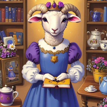 <lora:Wonderland:1> ArsMJStyle, Wonderland, The image shows a painting of a sheep wearing a blue dress and a crown holding a book in its hands standing in front of a table with a cup saucer papers and other objects on it. To the left of the table is a flower pot with flowers and in the background there are shelves filled with books and other items., book, 1girl, curly hair, jewelry, solo, dress, puffy sleeves, horns, holding, blue dress, star (sky), long sleeves, teacup, shelf, flower