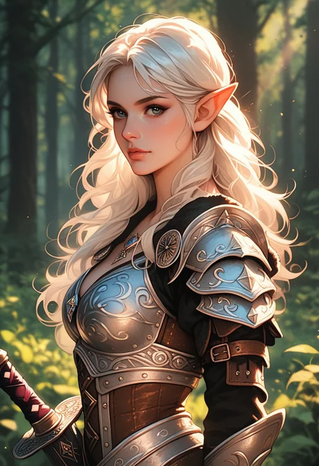 (score_9, score_8_up), score_7_up, solo, mythp0rt, half body shot, 1female, beautiful, witcher outfit, pointy elf ears, white hair, long hair, bangs, fair skin, leather armor, sword, forest, dappled sunlight, upper body, looking at viewer, shine, shine of steel.