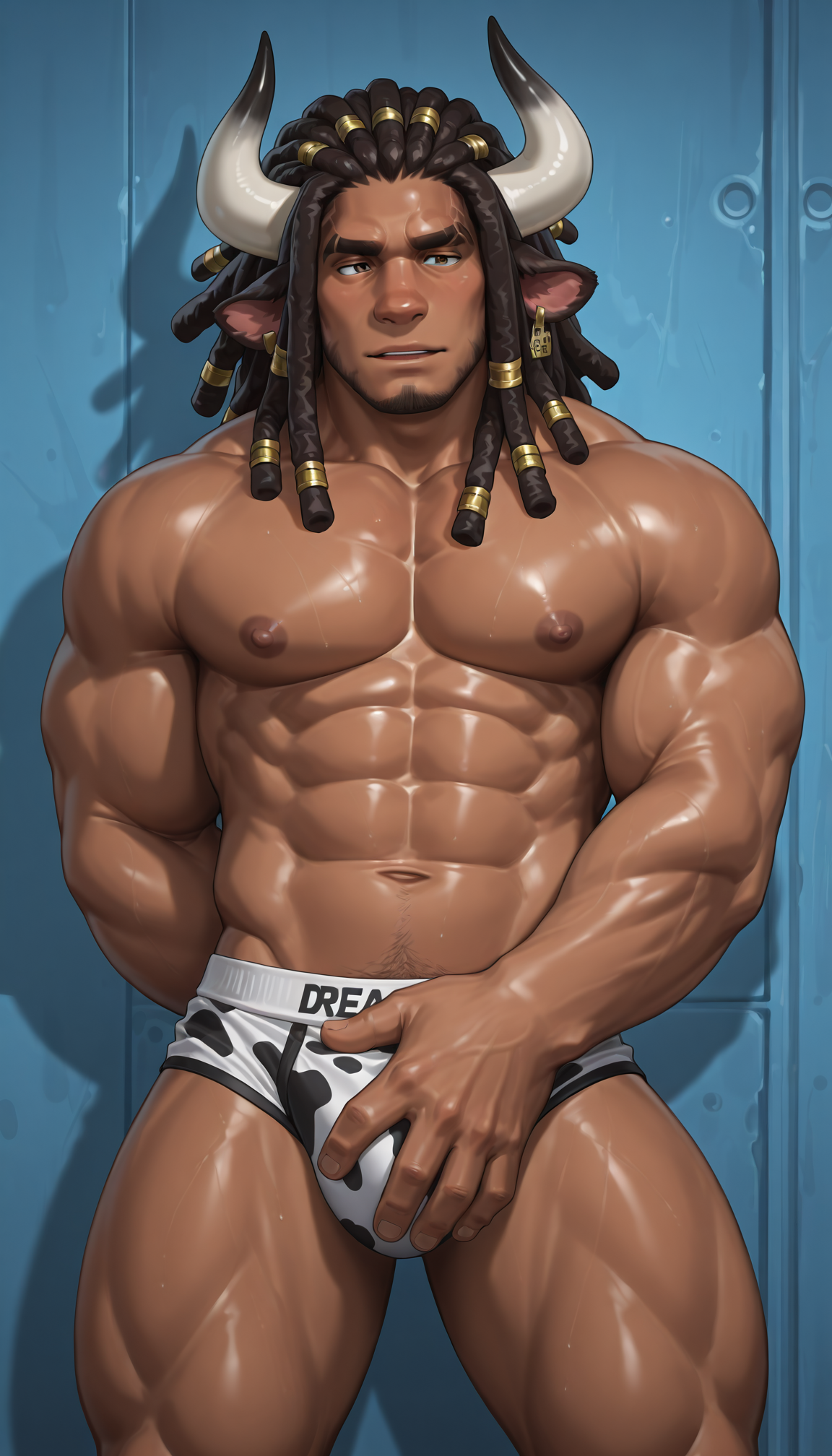 cow horns,male focus,detailed eyes,stubble,dreadlock,barazoku,muscular,hand on crotch,high quality,cow ears,hand behind back,underwear,<lora:takalocon-15:0.9>,