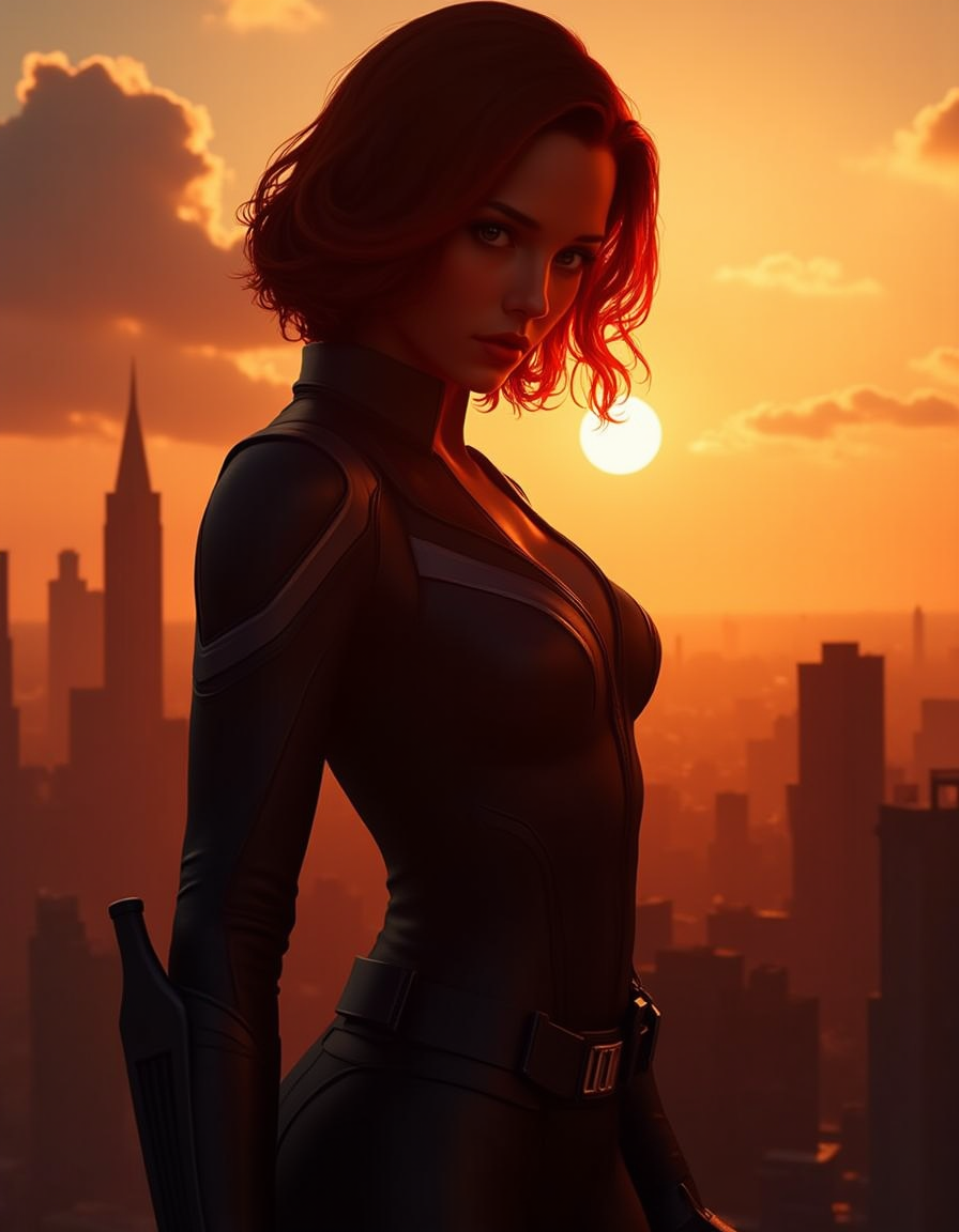 A superhero photograph capturing Black Widow standing on a rooftop during sunrise. The image is shot in stunning ultra-high definition with an absurd resolution of 64000 x 32000 pixels, resulting in highly detailed textures and intricate details. The composition style utilizes symmetry to create a balanced and powerful visual effect, while the warm hues of sunrise create a dramatic backdrop for Black Widow's intense gaze.
