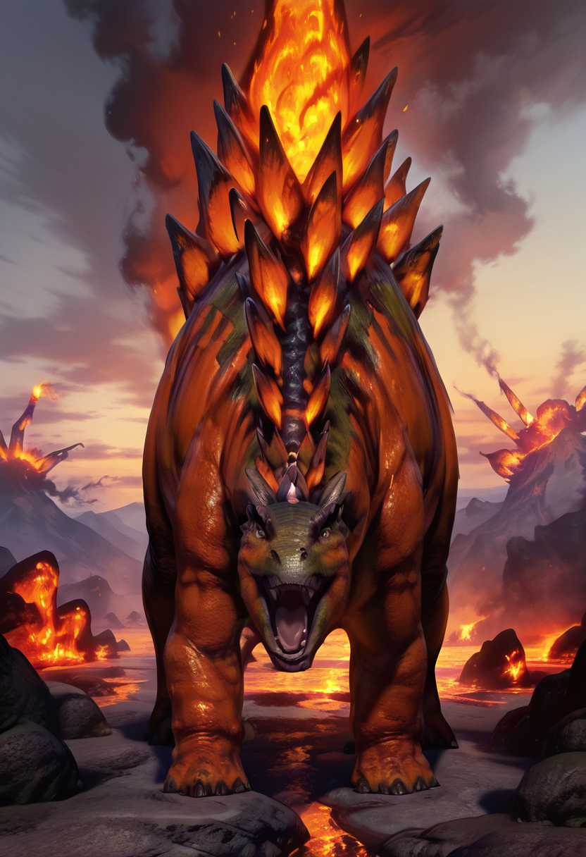 masterpiece, best quality,    zzStego, solo, open mouth, full body, horns, claws, realistic, lava, fire, volcano, magma,    ,<lora:StegosaurusDinosaur_IXL:1.0>,