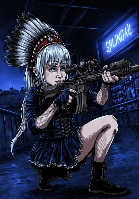 BPRE art of, goth young woman, aiming tactical carbine, hearing large ornate native american feather headdress, freckles, platinum silver hair and eyebrows, innocent face, wearing corset, wearing fishnet elbow gloves, choker, bangs, ponytail, full body shot, black boots skirt, fishnet stockings, dangling cross earrings, indoors in a dimly lit indoor mall, pitch dark except for glowing neon signs, slight bluish tint, her hand is not deformed, the gun is not deformed<lora:BPRE-000013.safetensors:1.0:1.0>
