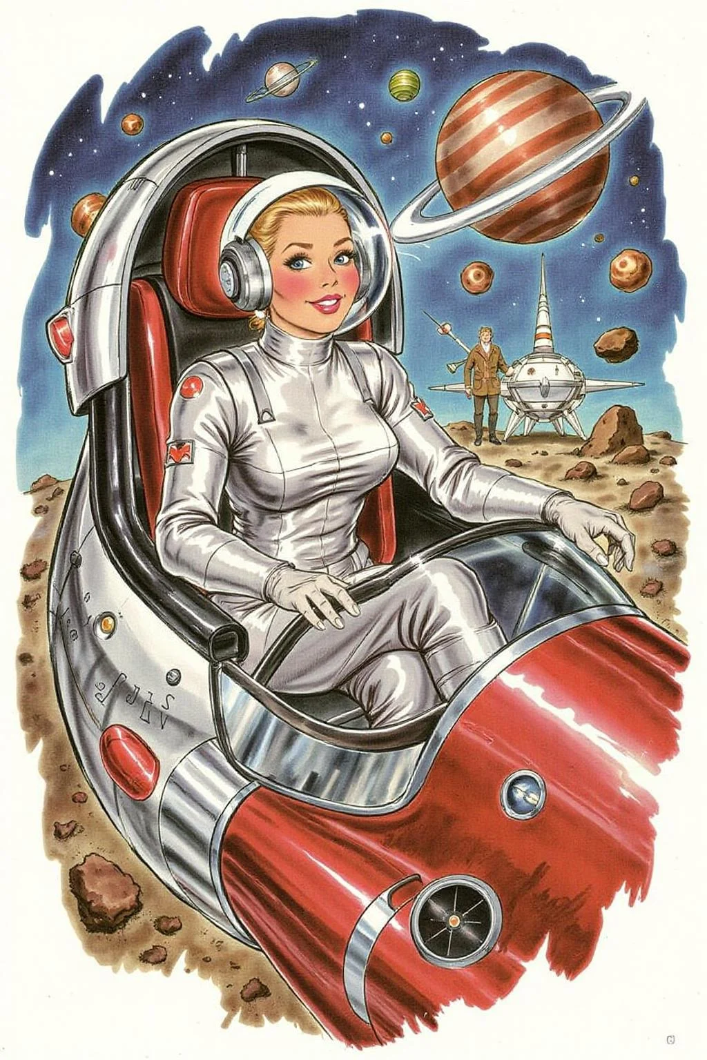d0sn illustration of a woman wearing a futuristic yet retro spacesuit sitting inside a retro chrome spacecraft, confidently pilotingthrough asteroids <lora:d0sn_illus1_fl_d6a3:1.0> <lora:Flux-Sch-SingleBlocks-BF16:1.0><lora:803577596702012793:0>