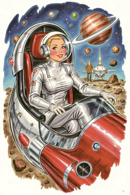 d0sn illustration of a woman wearing a futuristic yet retro spacesuit sitting inside a retro chrome spacecraft, confidently pilotingthrough asteroids <lora:d0sn_illus1_fl_d6a3:1.0> <lora:Flux-Sch-SingleBlocks-BF16:1.0><lora:803577596702012793:0>