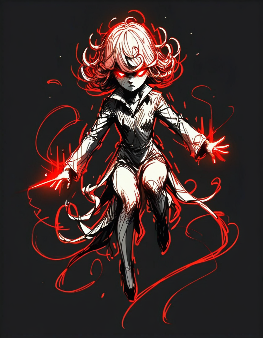 score_9, score_8_up, score_7_up,   <lora:Navi_WrathStrokes_PonyXL_S1:1.1> , red sketch, black background, black theme, monochrome,   1girl tatsumaki , floating, full body, glowing, moonlight ,