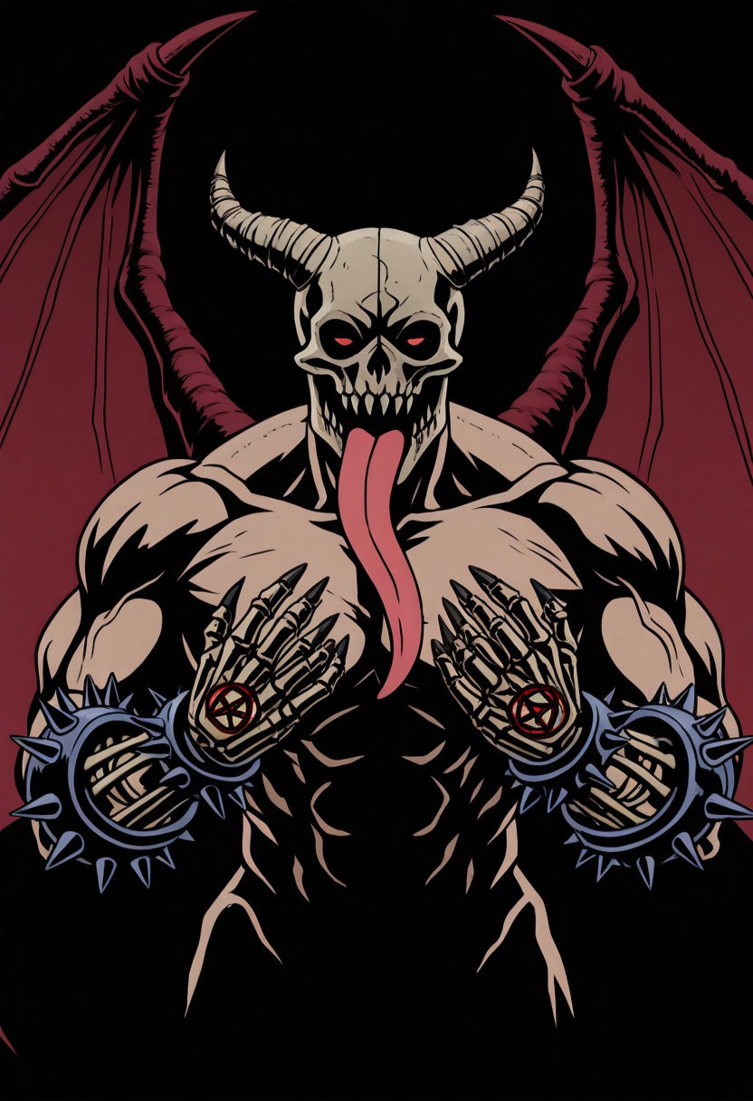 M4j0r4, anime coloring, flat colors, (dark shading 1.4),chidaruma, portrait, face focus, 1boy, tongue out, demon wings, spiked bracelet, teeth, fingernails, pentagram, traditional media, black background, skeletal hands, bold lines, high contrast, dramatic shadows, rough textures, strong comic book aesthetic, Black outline, thick outline,