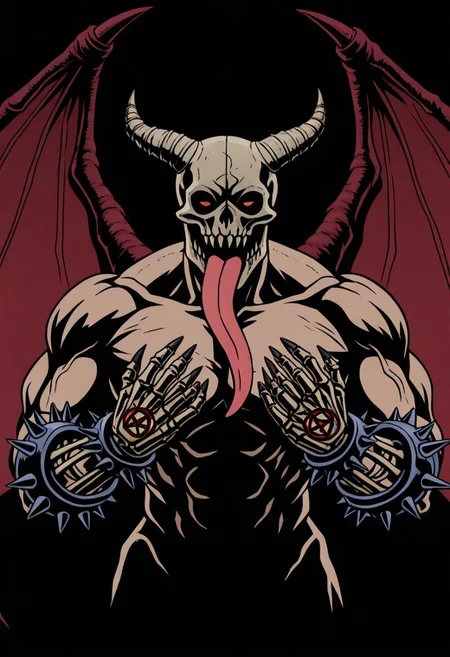 M4j0r4, anime coloring, flat colors, (dark shading 1.4),chidaruma, portrait, face focus, 1boy, tongue out, demon wings, spiked bracelet, teeth, fingernails, pentagram, traditional media, black background, skeletal hands, bold lines, high contrast, dramatic shadows, rough textures, strong comic book aesthetic, Black outline, thick outline,