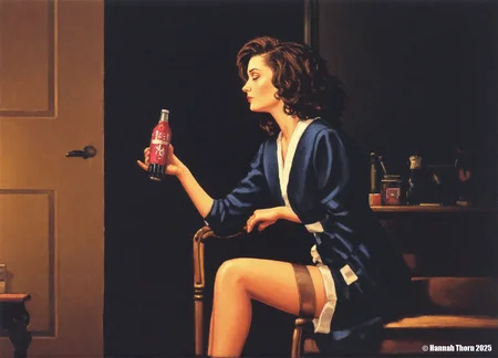 A Painting in the style of Jack Vettriano of a young woman with curly black hair, wearing a dark blue dress with white trim, sitting on a chair in a dimly lit room. She is holding a red and white soda bottle in her right hand, and her left hand is resting on her thigh. The room has a simple, minimalist design with a door on the left side and a small table with a few items on it. The lighting is soft and warm, creating a cozy atmosphere.<lora:_Flux\Jack_Vettriano.safetensors:1.1:1.1>