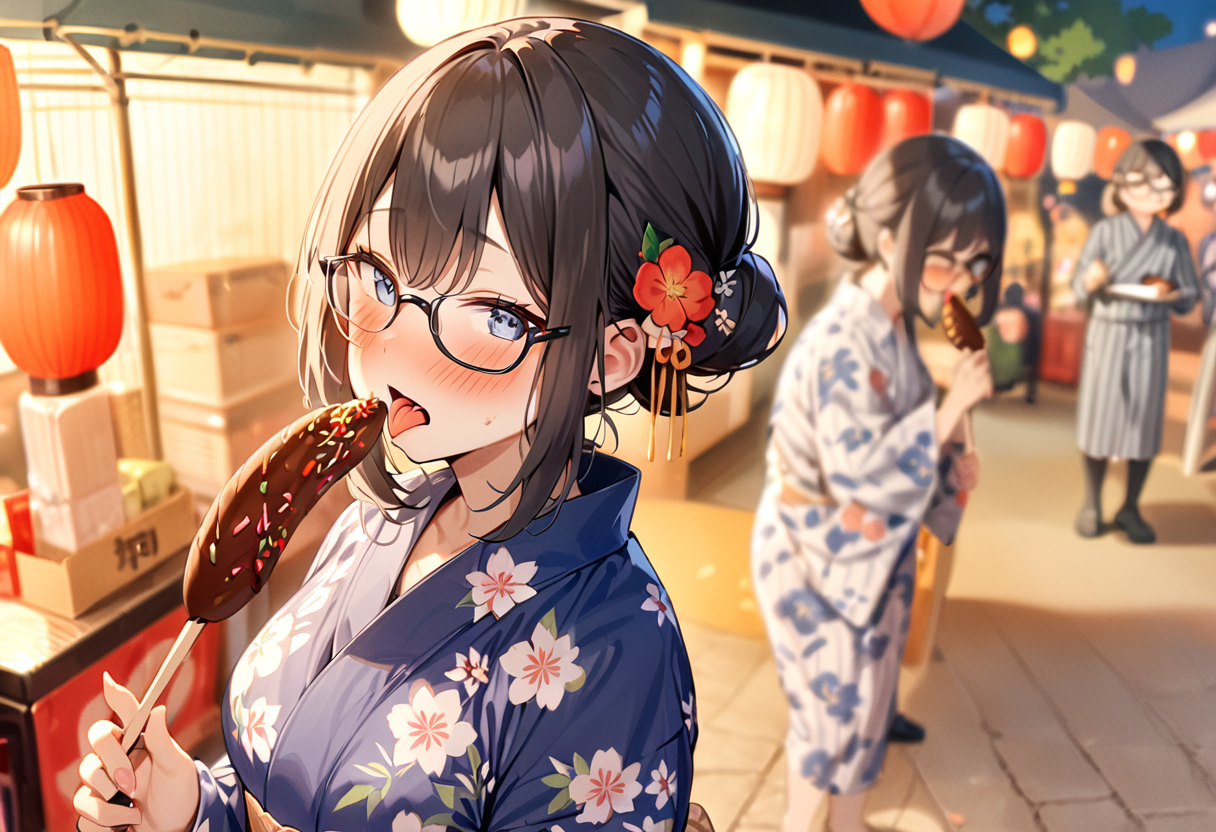 masterpiece, best quality, very aesthetic, absurdres,
chocolate banana, 1girl, solo, glasses, black hair, food, long hair, tongue, blush, holding, holding food, yukata, floral print, hair ornament, hair flower, hair bun, uchiwa, paper fan, paper lantern, night, blurry background, 
<lora:chocolate_banana_SDXL_V1:1>
