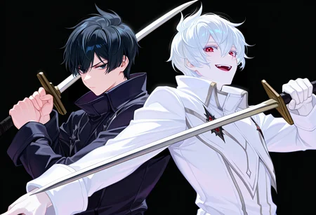 masterpiece, high quality, absurdres, simple background, white background, 2boys, male focus, black vs white, dual persona, upper body, black hair, black eyes, black coat, weapon, holding sword, holding weapon, pointing sword, closed mouth, <lora:sword_to_throat:0.5>
masterpiece, high quality, absurdres, simple background, black background, 2boys, male focus, black vs white, dual persona, upper body, colored skin, contrast, holding sword, holding weapon, red eyes, white hair, white coat, white skin, pointing sword, open mouth, smile,<lora:sword_to_throat:0.5>
