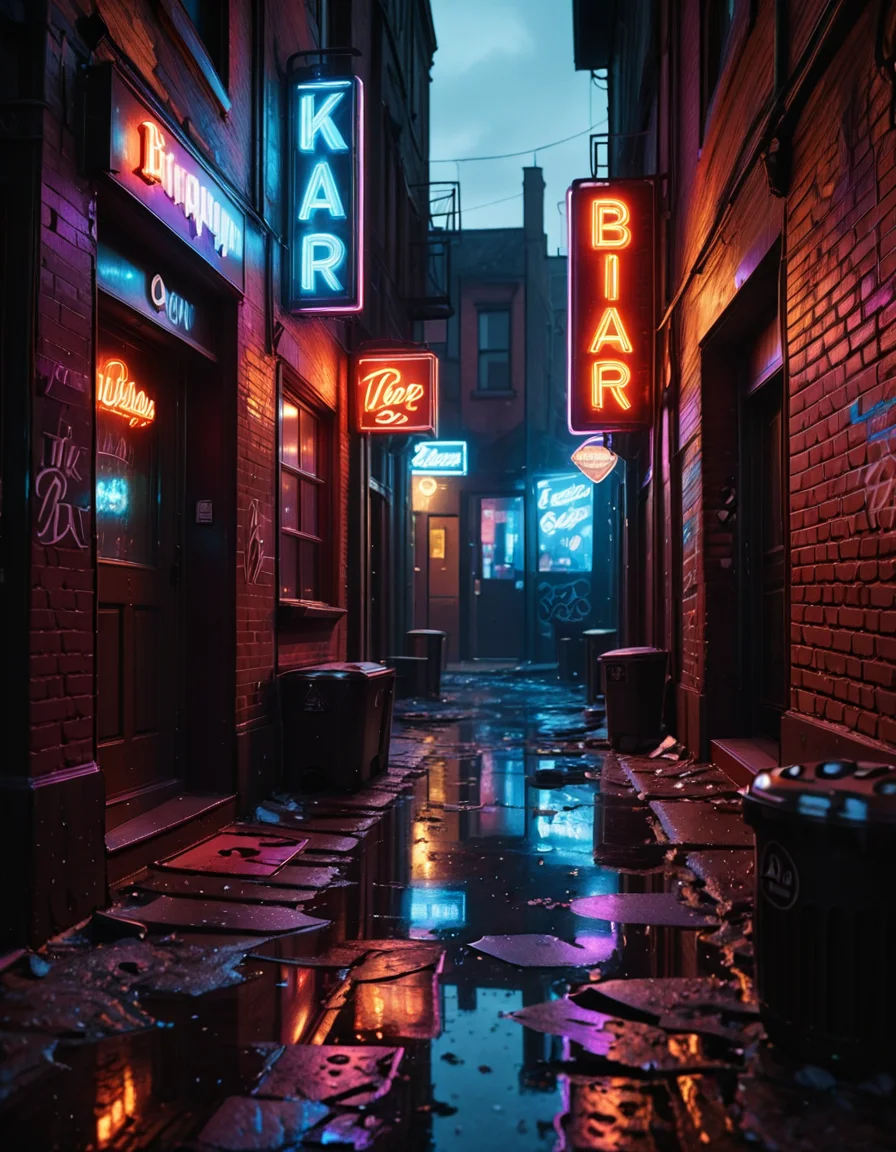 A highly detailed and realistic photograph of a dark alleyway behind a bar at night. The narrow passage is dimly lit by a flickering neon sign casting a moody red and blue glow onto the wet pavement. The walls are made of old, weathered brick covered in graffiti, with metal fire escapes zigzagging above. Trash bags and discarded crates are scattered along the alley, and a few puddles reflect the neon lights, adding depth to the scene. A single, dented metal door with a small, barred window leads into the back of the bar, with a faint warm light seeping through the cracks. The air is thick with mist, and the distant hum of the city is broken only by the occasional drip of water from a rusted drainpipe. A sense of mystery and urban grit fills the atmosphere, evoking a cinematic, noir-style aesthetic.
<lora:SDXLFaeTastic2400:0.4> <lora:extremely_detailed:0.4> extremely detailed, <lora:all3yway-ill:1>,all3yway, Masterpiece,best quality,hi res,8k,hi res,8k,award winning,(sharp focus, intricate, highly detailed),