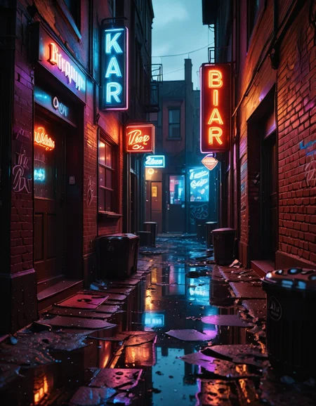 A highly detailed and realistic photograph of a dark alleyway behind a bar at night. The narrow passage is dimly lit by a flickering neon sign casting a moody red and blue glow onto the wet pavement. The walls are made of old, weathered brick covered in graffiti, with metal fire escapes zigzagging above. Trash bags and discarded crates are scattered along the alley, and a few puddles reflect the neon lights, adding depth to the scene. A single, dented metal door with a small, barred window leads into the back of the bar, with a faint warm light seeping through the cracks. The air is thick with mist, and the distant hum of the city is broken only by the occasional drip of water from a rusted drainpipe. A sense of mystery and urban grit fills the atmosphere, evoking a cinematic, noir-style aesthetic.
<lora:SDXLFaeTastic2400:0.4> <lora:extremely_detailed:0.4> extremely detailed, <lora:all3yway-ill:1>,all3yway, Masterpiece,best quality,hi res,8k,hi res,8k,award winning,(sharp focus, intricate, highly detailed),