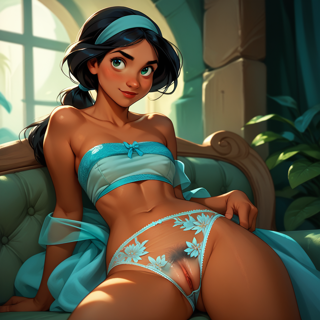 S33THR0UGHP4NT1ES,  ((score_9)),score_8_up,score_7_up,score_6_up,score_5_up,score_4_up, source_disney, Jasmine, dark skin, bandeau, black hair, low ponytail, off-shoulder top, headband, aqua, 1girl, adult woman, lingerie, see-through panties, see-through_panties, transparent_panties, sheer_panties, see-through, uncensored, partially_visible_vulva, pussy