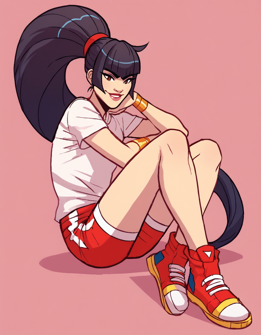 mollygau, 1girl, solo, long hair, black hair, sitting, shorts, red shorts, ponytail, sneakers, blunt bangs, shirt, bangs, pink background, lips, full body, very long hair, jewelry, brown eyes, bracelet,smile,looking at viewer, <lora:MollyGauPony1.0JLFO:1>, score_9, score_8_up, score_7_up, score_6_up, score_5_up, score_4_up