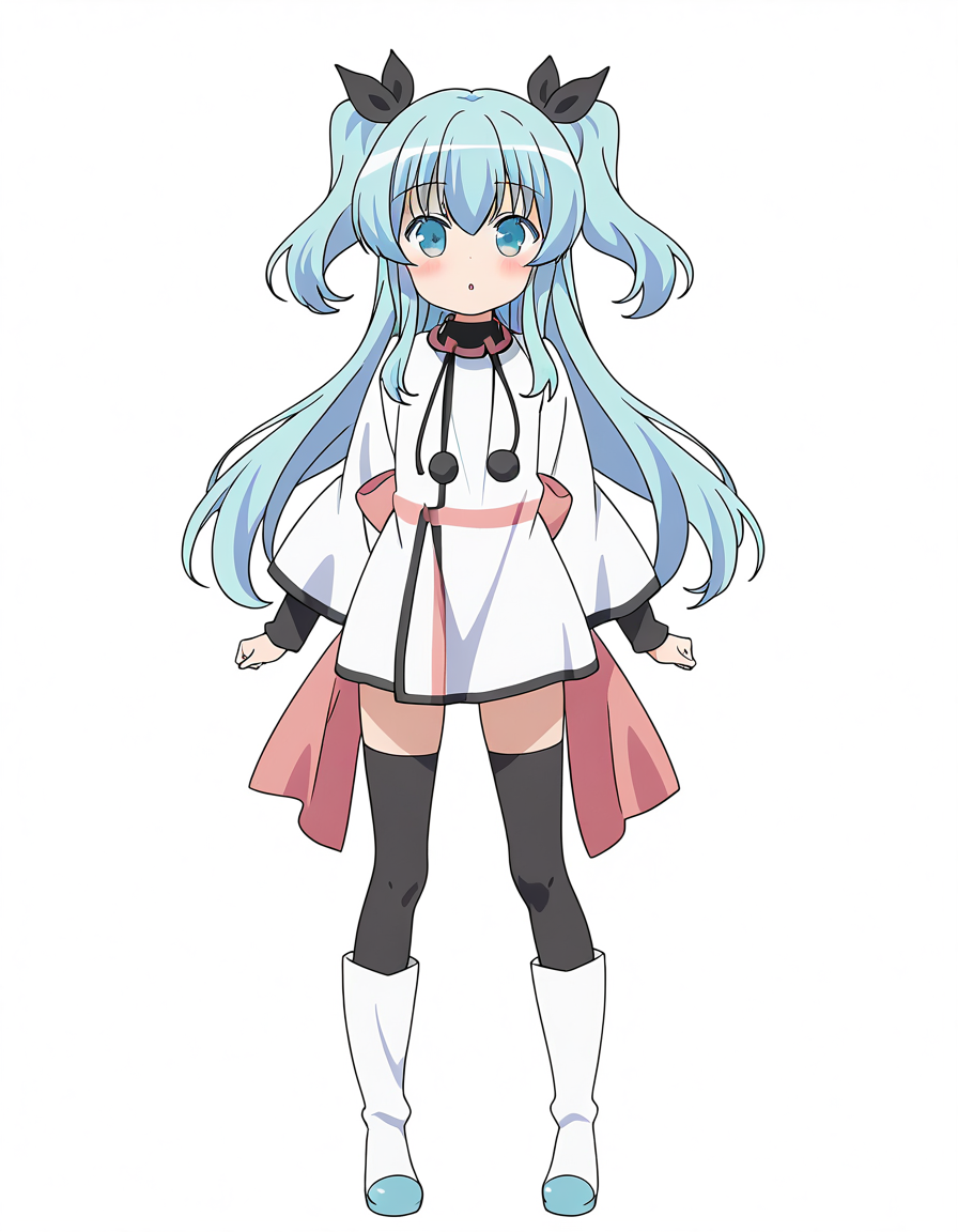 general,highres, ultra-detailed,very aesthetic,best quality ,best hands,  BREAK, sora no method, <lora:Noel_IS:1> 2020s (style), anime coloring,
Noel, thighhighs, white dress, boots, dress, white background, long sleeves, full body, black thighhighs, simple background, white footwear, looking at viewer, standing, parted lips,
thighhighs under boots, black ribbon, zettai ryouiki, blush, :o, hair between eyes, knee boots, pom pom (clothes), wide sleeves