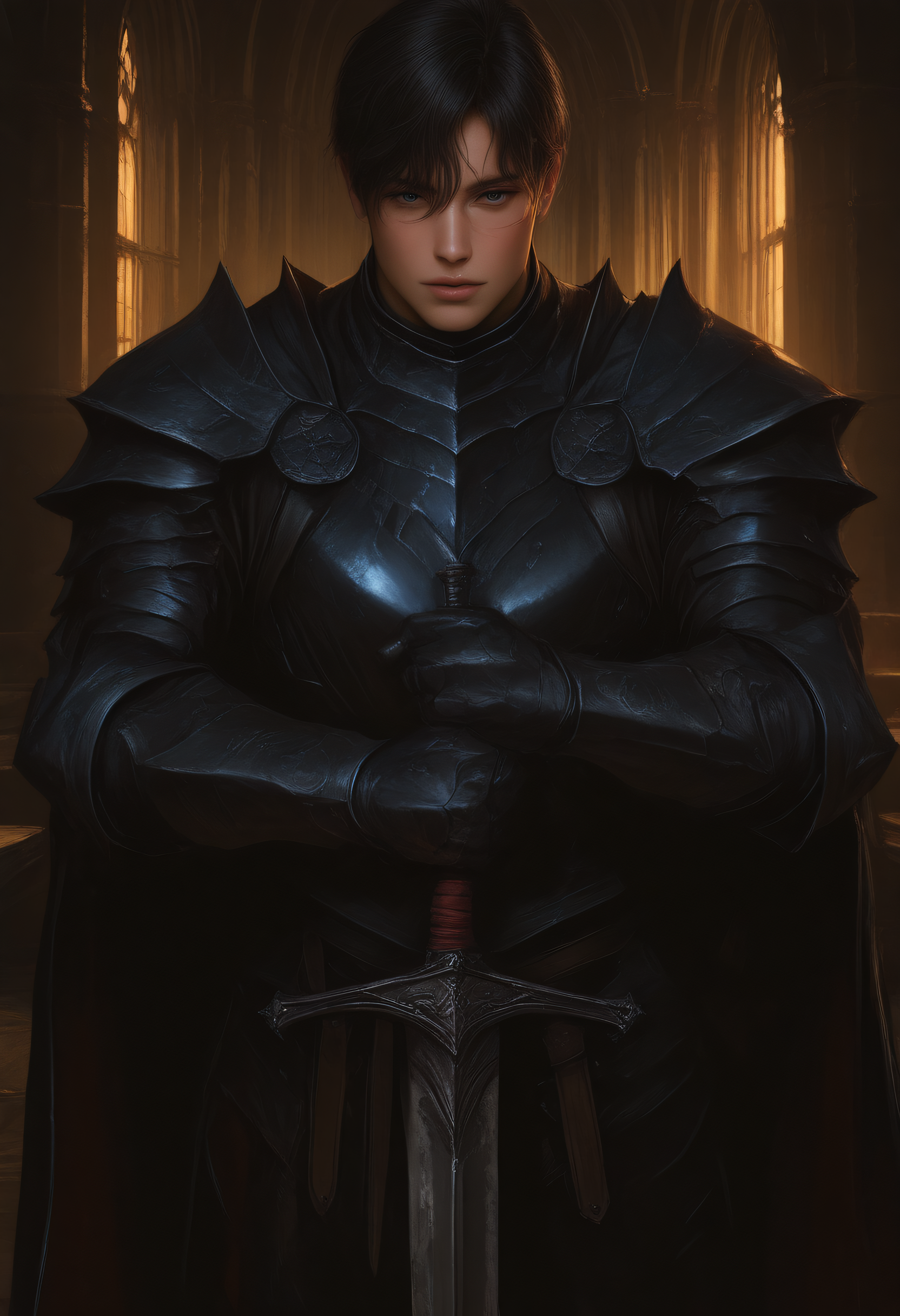 embedding:Illustrious\Positive\IllustriousQual, embedding:Illustrious\Positive\IllusP0s, muses_in_dark, inconsistent lighting, dramatic lighting, soft light, realistic,solo, looking_at_viewer, short_hair, bangs, black_hair, 1boy, holding, weapon, male_focus, sword, indoors, cape, holding_weapon, armor, scar, holding_sword, shoulder_armor, gauntlets, pauldrons, breastplate, black_cape, planted, planted_sword, black_armor