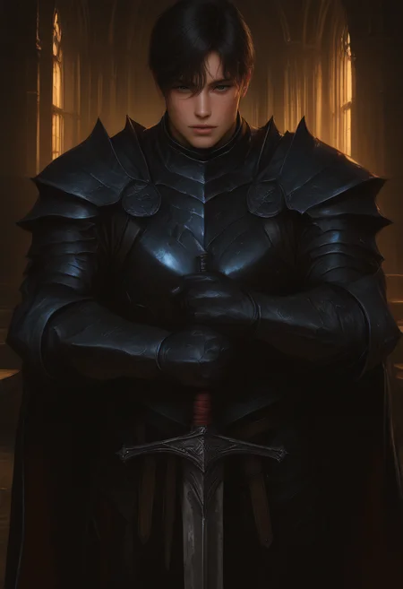embedding:Illustrious\Positive\IllustriousQual, embedding:Illustrious\Positive\IllusP0s, muses_in_dark, inconsistent lighting, dramatic lighting, soft light, realistic,solo, looking_at_viewer, short_hair, bangs, black_hair, 1boy, holding, weapon, male_focus, sword, indoors, cape, holding_weapon, armor, scar, holding_sword, shoulder_armor, gauntlets, pauldrons, breastplate, black_cape, planted, planted_sword, black_armor