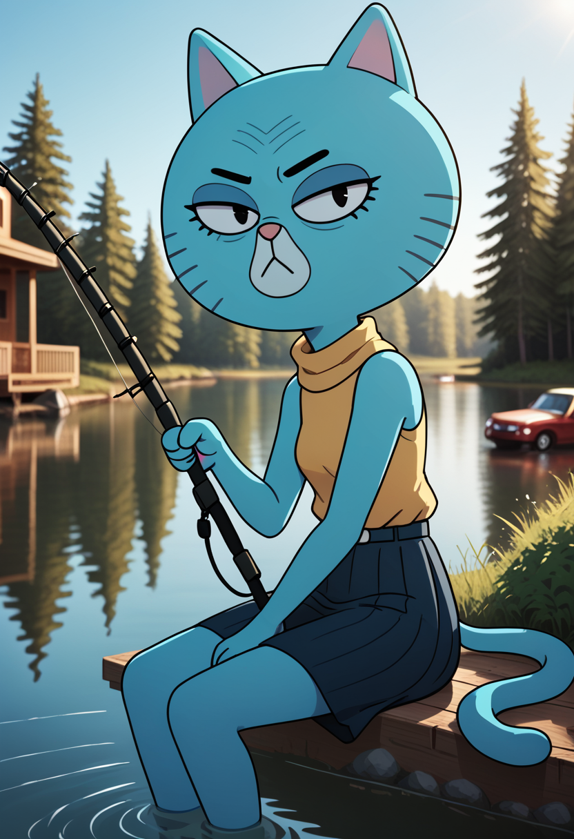 score_9, score_8_up, score_8,    <lora:Mary_Senicourt_The_Amazing_World_of_Gumball_for_PonyXL:0.8> 1girl, animal ears, cat girl, m4ry, old, black eyes, cat ears, skirt, sleeveless shirt, BREAK
outside, lake, fishing, profile, sitting, fishing rod,