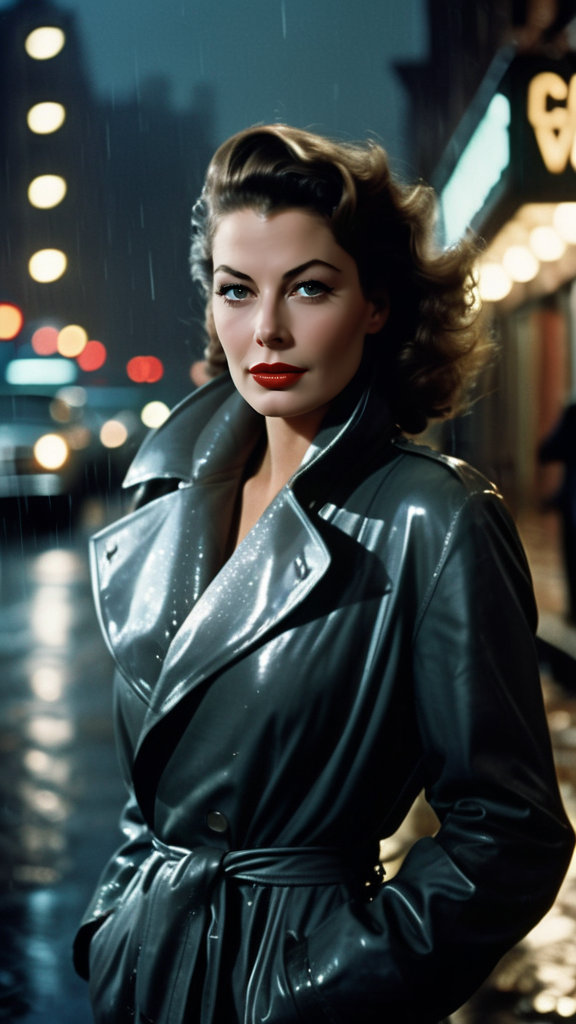 Ava Gardner 25 years old,soft skin,full lips,blonde hair,thin eyebrows,walking in rain,wearing turtleneck and scarf,masterpiece,film noir,night,blade runner environment,view of city,bokeh,(photo style of Annie Liebovitz, Vogue photoshoot studio) full body visible portrait,Hyper realistic photo,high-resolution,Sony 7R IV,1/60s,f/2.8,ISO 200,professional,4k,highly detailed