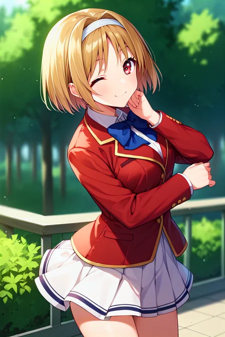 score_9, score_8_up, score_7_up, score_6_up, score_5_up, score_4_up, rating_questionable, , source_anime, digital illustration, pixiv, fanbox, uncensored, , BREAK, official art,
1girl, solo, female, kushida kikyou, short hair, hair intakes, red eyes, hair band, wink, one eye closed,
school uniform, red jacket, white skirt, blue bow, outdoors, light smile, blush, cowboy shot, looking at viewer, <lora:Kushida_Kikyou_Pony-000009:0.9>