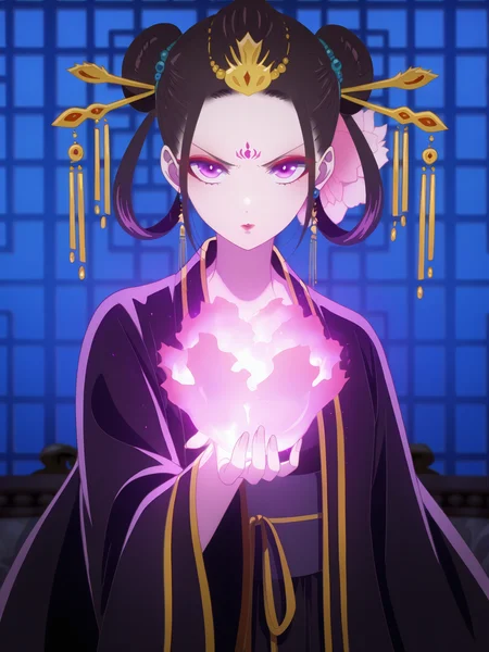 <lora:Ryuu_Jusetsu_v6:0.8>, ryuu jusetsu, 1girl, solo, purple eyes, red eyeshadow, red lips, forehead mark, black hair, hair rings, double bun, sidelocks, hair flower, hair beads, kanzashi, earrings, black kimono, gold trim, long sleeves, determined, serious, frown, closed mouth, standing, casting spell, hand up, holding, glowing, lotus, upper body, looking at viewer, indoors, window, couch, east asian architecture, sky, night, bloom