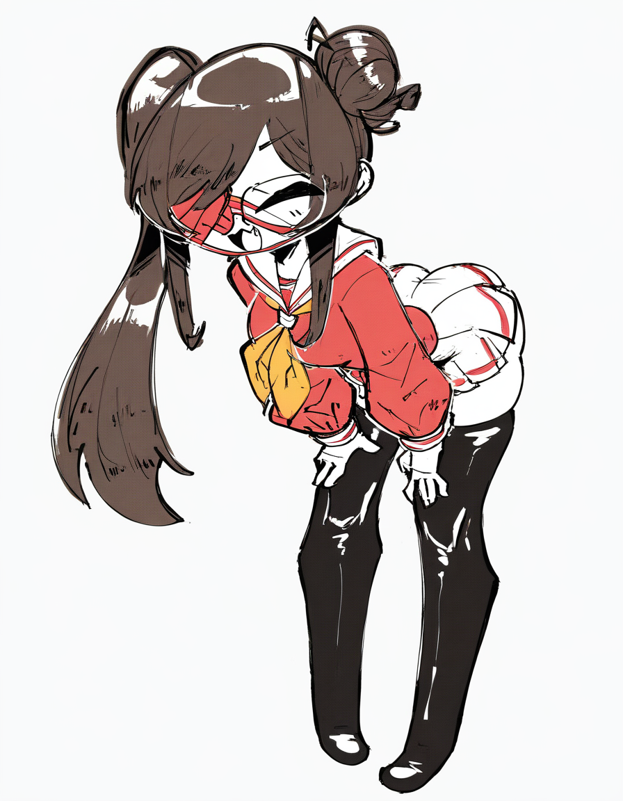 StyleBirdBlitz,(masterpiece, best quality, very awa,absurdres),
1girl, solo, long hair, breasts, looking at viewer, smile, open mouth, simple background, shirt, skirt, brown hair, black hair, long sleeves, thighhighs, very long hair, medium breasts, standing, school uniform, full body, closed eyes, ponytail, sidelocks, thighs, :d, pleated skirt, small breasts, boots, glasses, serafuku, puffy sleeves, fang, black thighhighs, sailor collar, miniskirt, black footwear, grey background, hair bun, hair over one eye, black eyes, side ponytail, parted bangs, sketch, zettai ryouiki, mask, colored skin, leaning forward, :3, thigh boots, white skirt, single hair bun, bent over, red shirt, (pale skin), puffy long sleeves, red jacket, white sailor collar, (completely white skin), one eye covered, mouth mask, arched back, single side bun, microskirt, red sweater,, blush, white background, red eyes, brown eyes, ass, neckerchief, swept bangs, red skirt, (red eyepatch), semi-rimless eyewear, round eyewear, asymmetrical bangs, partially colored, (hands on own thighs:1.4)