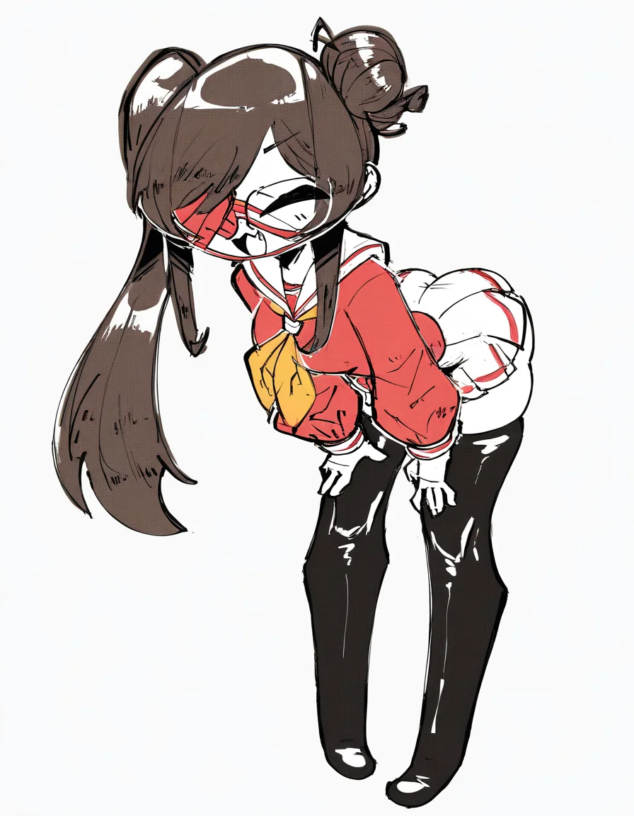 StyleBirdBlitz,(masterpiece, best quality, very awa,absurdres),
1girl, solo, long hair, breasts, looking at viewer, smile, open mouth, simple background, shirt, skirt, brown hair, black hair, long sleeves, thighhighs, very long hair, medium breasts, standing, school uniform, full body, closed eyes, ponytail, sidelocks, thighs, :d, pleated skirt, small breasts, boots, glasses, serafuku, puffy sleeves, fang, black thighhighs, sailor collar, miniskirt, black footwear, grey background, hair bun, hair over one eye, black eyes, side ponytail, parted bangs, sketch, zettai ryouiki, mask, colored skin, leaning forward, :3, thigh boots, white skirt, single hair bun, bent over, red shirt, (pale skin), puffy long sleeves, red jacket, white sailor collar, (completely white skin), one eye covered, mouth mask, arched back, single side bun, microskirt, red sweater,, blush, white background, red eyes, brown eyes, ass, neckerchief, swept bangs, red skirt, (red eyepatch), semi-rimless eyewear, round eyewear, asymmetrical bangs, partially colored, (hands on own thighs:1.4)