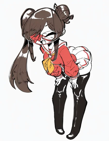 StyleBirdBlitz,(masterpiece, best quality, very awa,absurdres),
1girl, solo, long hair, breasts, looking at viewer, smile, open mouth, simple background, shirt, skirt, brown hair, black hair, long sleeves, thighhighs, very long hair, medium breasts, standing, school uniform, full body, closed eyes, ponytail, sidelocks, thighs, :d, pleated skirt, small breasts, boots, glasses, serafuku, puffy sleeves, fang, black thighhighs, sailor collar, miniskirt, black footwear, grey background, hair bun, hair over one eye, black eyes, side ponytail, parted bangs, sketch, zettai ryouiki, mask, colored skin, leaning forward, :3, thigh boots, white skirt, single hair bun, bent over, red shirt, (pale skin), puffy long sleeves, red jacket, white sailor collar, (completely white skin), one eye covered, mouth mask, arched back, single side bun, microskirt, red sweater,, blush, white background, red eyes, brown eyes, ass, neckerchief, swept bangs, red skirt, (red eyepatch), semi-rimless eyewear, round eyewear, asymmetrical bangs, partially colored, (hands on own thighs:1.4)