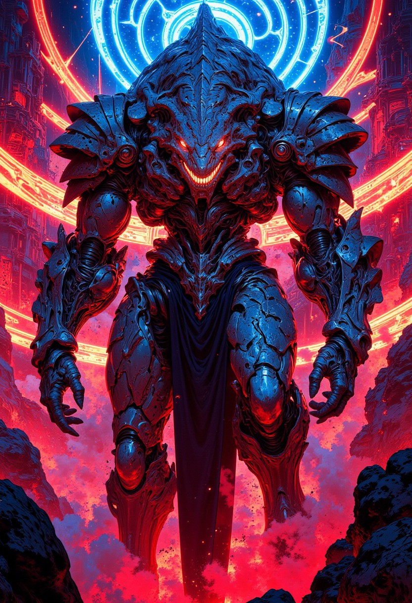 A highly detailed illustration of a biomechanical humanoid figure with a cybernetic alligator head, standing in a futuristic, industrial landscape illuminated by intense artificial lighting. Its armored snout is lined with interlocking metal teeth, reinforced plating running along its jaw and head, with visible seams where synthetic muscle meets mechanical structure. Glowing artificial eyes scan the environment, while intricate tubing and exposed circuitry weave through its frame, pulsing with an internal energy source. Its powerful limbs are designed for both agility and strength, featuring overlapping segmented plating and hydraulic systems visible beneath a semi-exposed framework. The background is saturated with glowing toxic hues, casting eerie reflections across its metallic form, while dense vapor swirls around its feet, hinting at the unstable environment it inhabits. Surrounding it, an optical illusion emerges through precisely arranged toxic-colored lines, forming a symmetrical visual art pattern that distorts depth and perception. These pulsating neon patterns shift and warp, creating an almost hypnotic effect, making the scene feel both surreal and immersive.