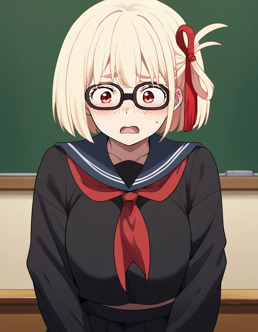 score_9, score_8_up, score_7_up, source_anime, chisatonishikigi, <lora:chisato-nishikigi-s1-ponyxl-lora-nochekaiser:1>, chisato nishikigi, short hair, bangs, blonde hair, red eyes, hair ribbon, one side up, bob cut, large breasts,, <lora:jimiko-ponyxl-lora-nochekaiser:1>, jimiko, glasses, black-framed eyewear, messy, unkempt, thick eyebrows, twintails, braids, freckles, baggy eyes,, blush, open mouth, embarrassed, classroom, adjusting eyewear, serafuku, black serafuku, red neckerchief, skirt, black skirt, pleated skirt, cowboy shot, <lora:averting-eyes-ponyxl-lora-nochekaiser:1>, averting eyes,