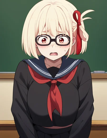 score_9, score_8_up, score_7_up, source_anime, chisatonishikigi, <lora:chisato-nishikigi-s1-ponyxl-lora-nochekaiser:1>, chisato nishikigi, short hair, bangs, blonde hair, red eyes, hair ribbon, one side up, bob cut, large breasts,, <lora:jimiko-ponyxl-lora-nochekaiser:1>, jimiko, glasses, black-framed eyewear, messy, unkempt, thick eyebrows, twintails, braids, freckles, baggy eyes,, blush, open mouth, embarrassed, classroom, adjusting eyewear, serafuku, black serafuku, red neckerchief, skirt, black skirt, pleated skirt, cowboy shot, <lora:averting-eyes-ponyxl-lora-nochekaiser:1>, averting eyes,