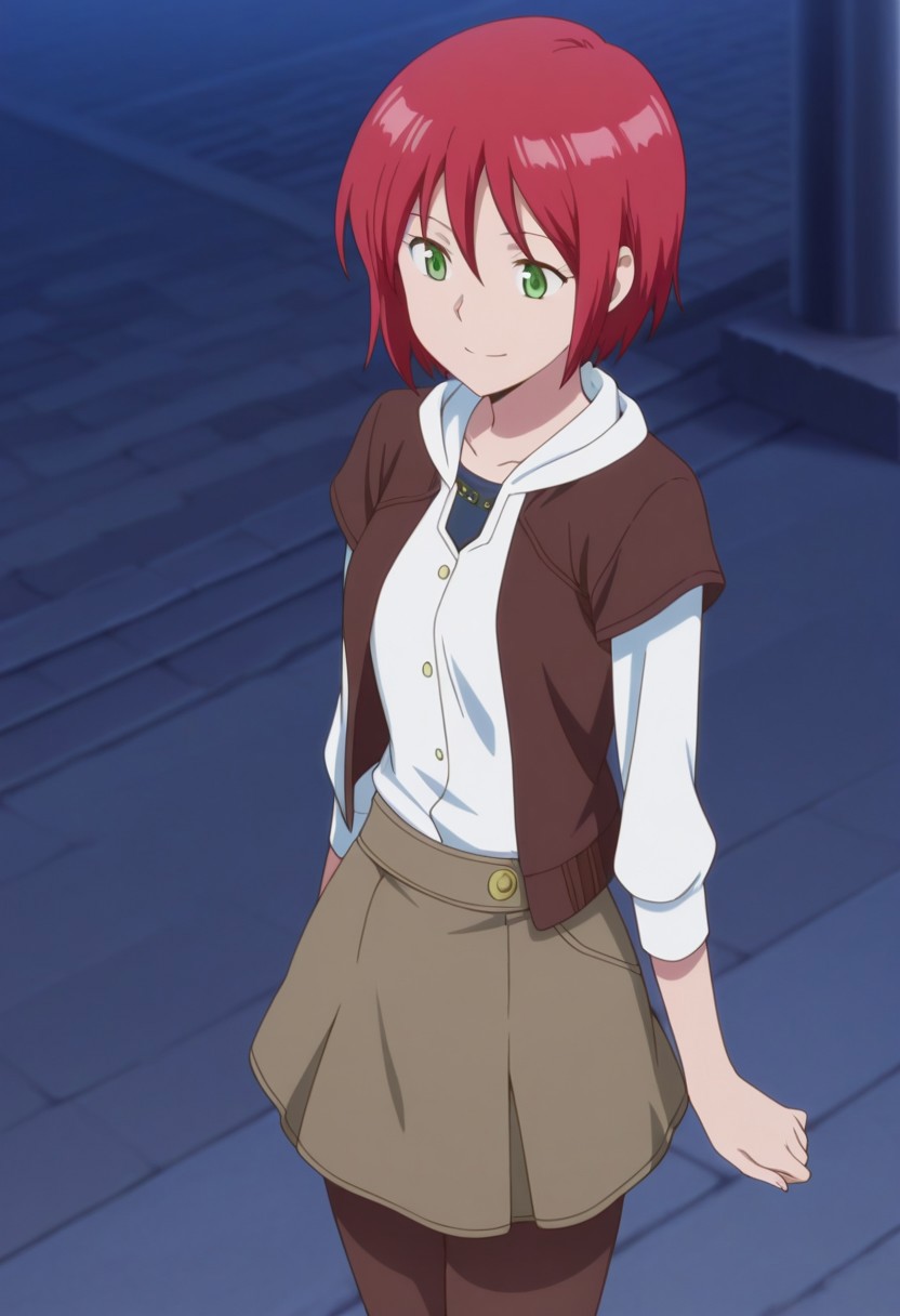 masterpiece,best quality,amazing quality, source_anime, 
shirayuki, 1girl, solo, green eyes, red hair, short hair, shirt, white shirt, jacket, brown jacket, open jacket, short over long sleeves, skirt, brown pantyhose, smile, outdoor,